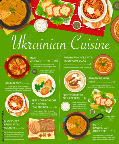 Ukrainian cuisine food menu page. Chicken Kiyv, stuffed peppers and meat vegetable stew, sauerkraut casserole, buckwheat bread with walnuts and Borscht with pampushkas, potato meat pie and pancakes