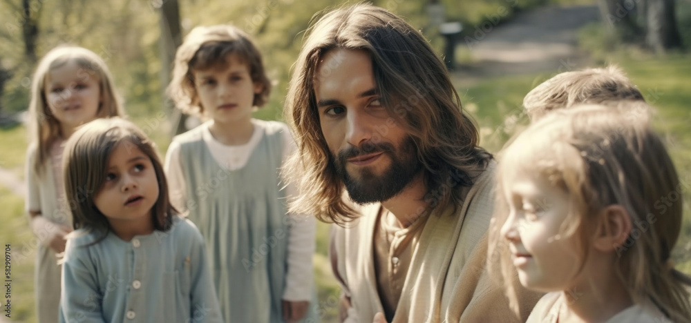 Modern Day Jesus Talking and Playing With Young Children in the Park - Generative AI. Modern Day Jesus Talking and Playing With Young Children in the Park - Generative AI.