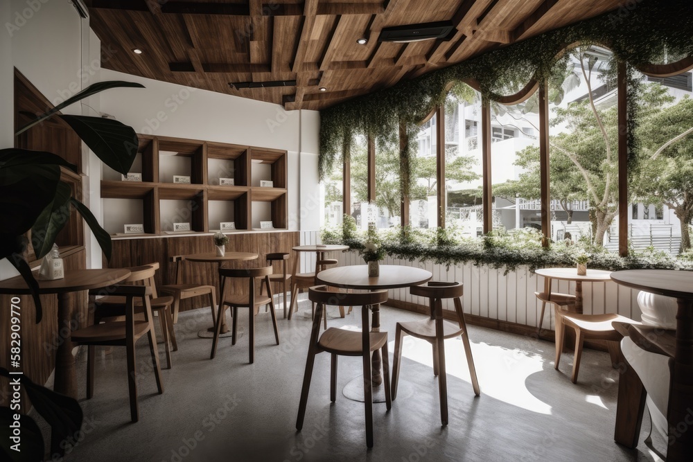 Design and furnishings of the coffee shop and restaurant for tourists who come to Rayong, Thailand's Ban Phe beach to eat and drink. Generative AI