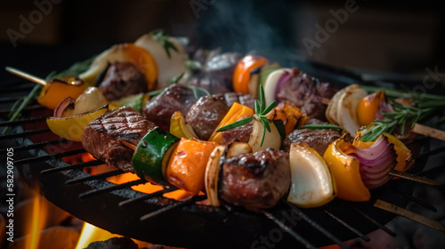 Fresh Succulent Vagetable and Steak Kebab on the Flame Grill - Generative AI. photo