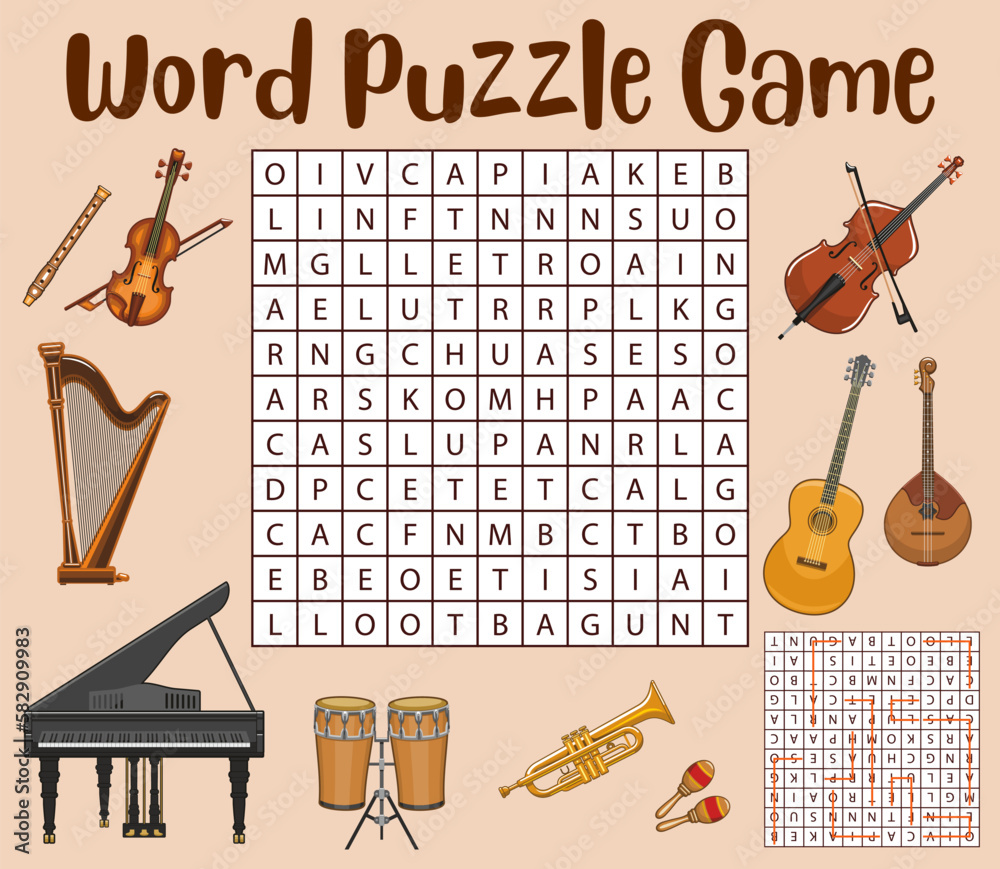 Isolated musical instruments. Word search puzzle game worksheet. Kids