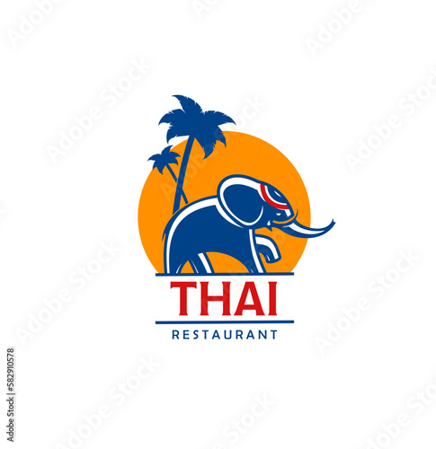 Thai cuisine icon of asian food or Thailand restaurant menu. Vector sun, oriental elephant and palm trees isolated symbol of asian country traditional dishes and spicy thai meal menu