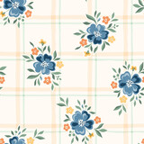 Delicate Chintz Romantic Meadow Wild Flowers and Plaid Checks Vector Seamless Pattern. Cottagecore Garden Flowers and Foliage Print. Homestead Bouquet. Farmhouse Background