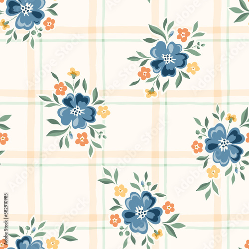 Delicate Chintz Romantic Meadow Wild Flowers and Plaid Checks Vector Seamless Pattern. Cottagecore Garden Flowers and Foliage Print. Homestead Bouquet. Farmhouse Background