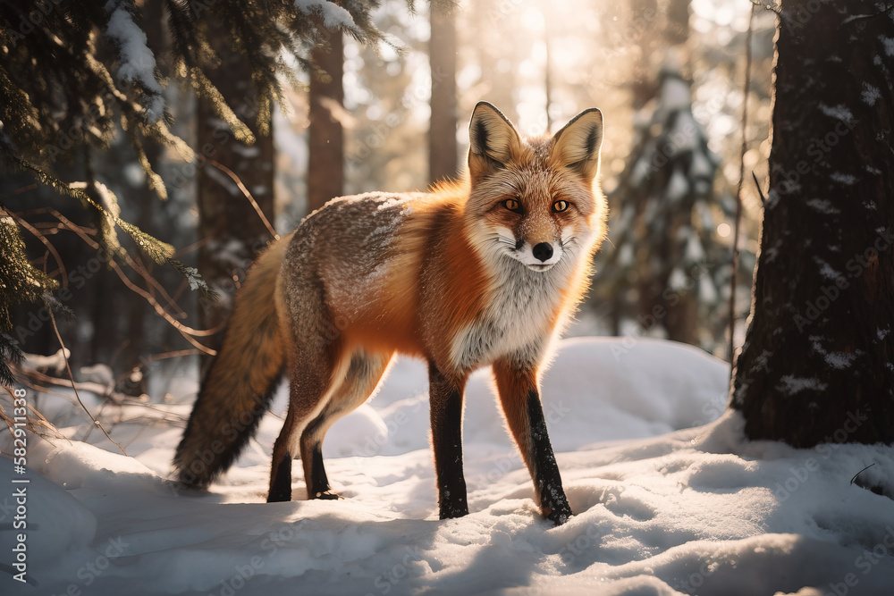 Red Fox walking on a Snow in Deep forest . AI generated Illustration. Red Fox walking on a Snow in Deep forest . AI generated Illustration.