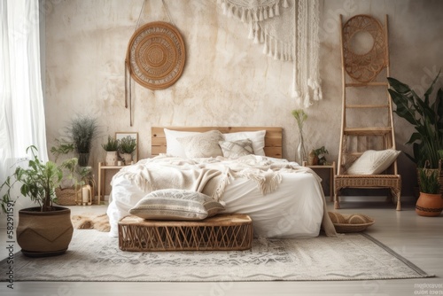 Interior of a bedroom in a bohemian style, wall mockup,. Generative AI