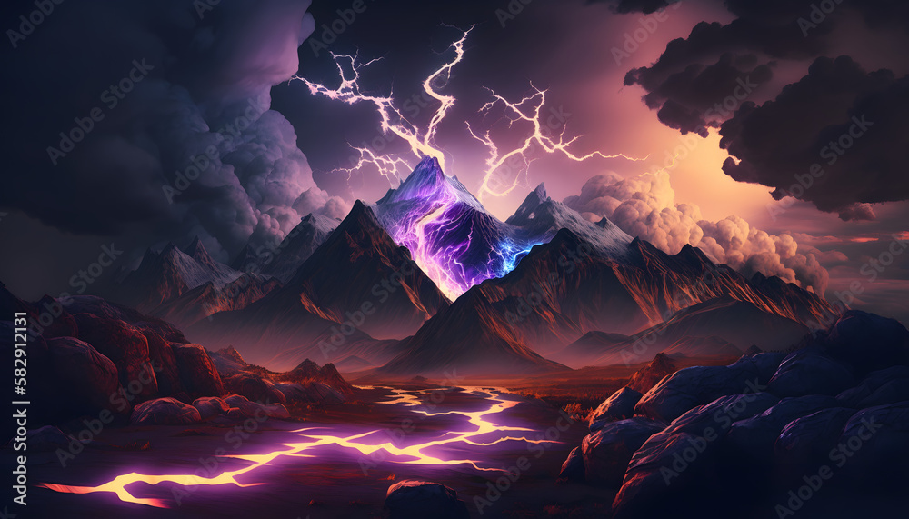 Abstract mountain landscape with neon lights desktop wallpaper Colorful vivid background High strong mountains in night, neon light colors Space night northern lights Generative AI - obrazy, fototapety, plakaty 