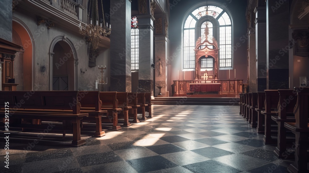 Church medieval interior background. Generative AI technology.