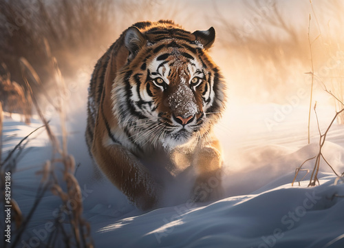 Amur Tiger Running in the Snow.. AI generated Illustration.