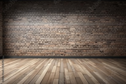 wooden floor with a brick wall. a loft style bedroom layout. For the placing of your design  a blank brick wall. Generative AI