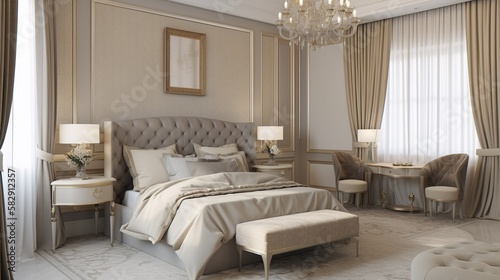 Bedroom on royal modern classic style interior background. Generative AI technology.