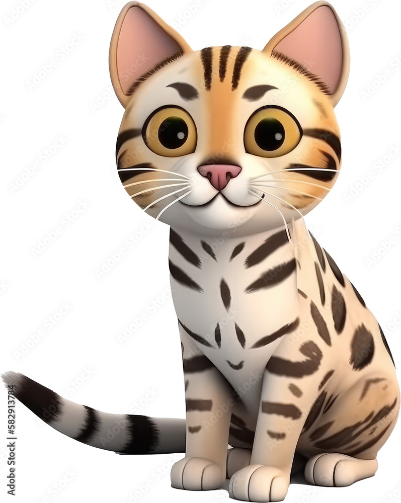 3D Bengal cat cartoon isolated on white, transparent background, PNG, Generative AI