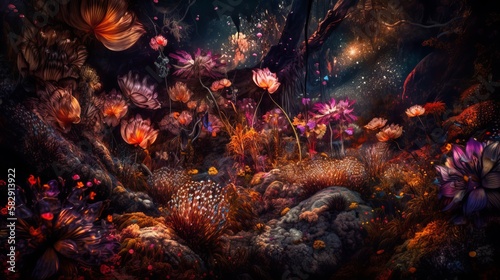 Abstract nature floral baroque on black background. Flower victorian old painting style. Generative AI technology.