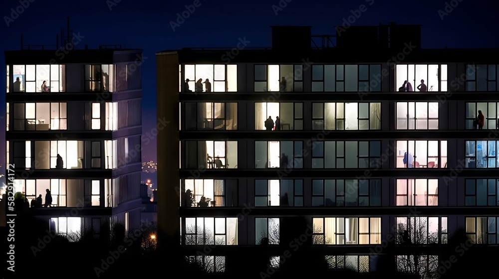 A row of apartments with silhouettes of people in the windows at night. Generative AI. A row of apartments with silhouettes of people in the windows at night. Generative AI.