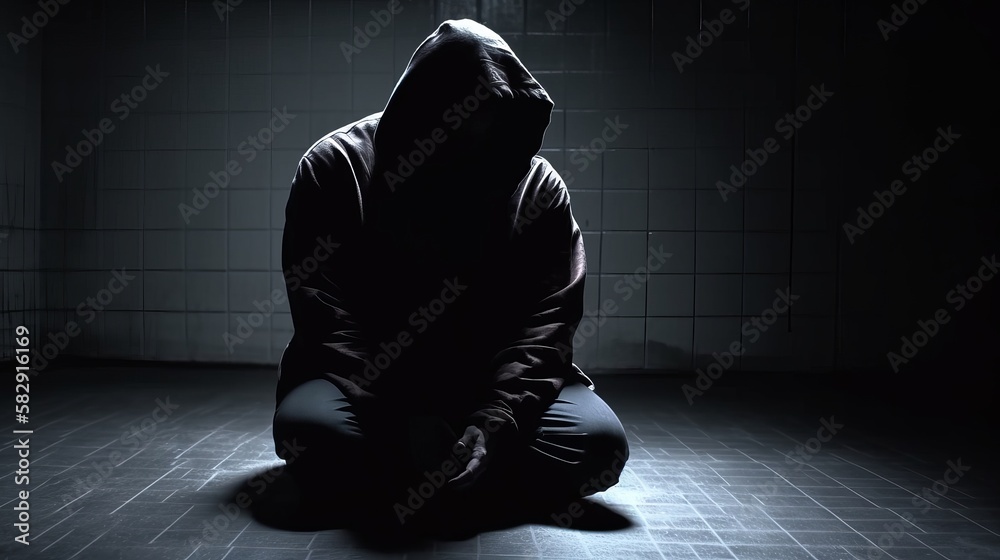 Hacker silhouette sitting on dark room background. Generative AI technology. Hacker silhouette sitting on dark room background. Generative AI technology.