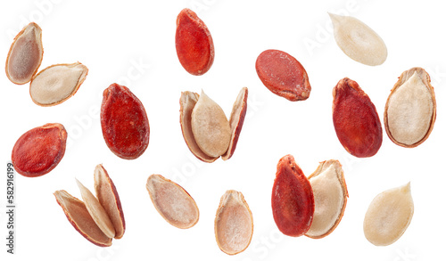 a set of red watermelon seeds isolated on white background.