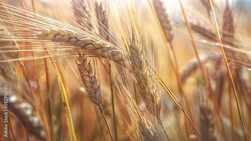 Wheat grain on morning background. Plant harvest farm close up. Generative AI technology.  