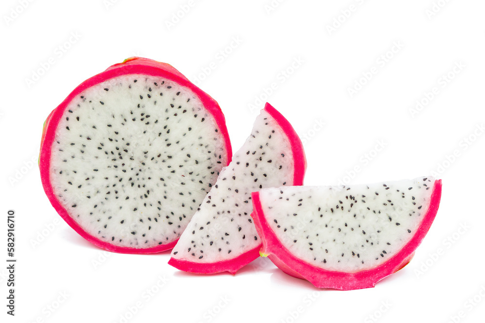 Dragon fruit or pitahaya pieces isolated on white background as package design element Dragon fruit or pitahaya pieces isolated on white background as package design element