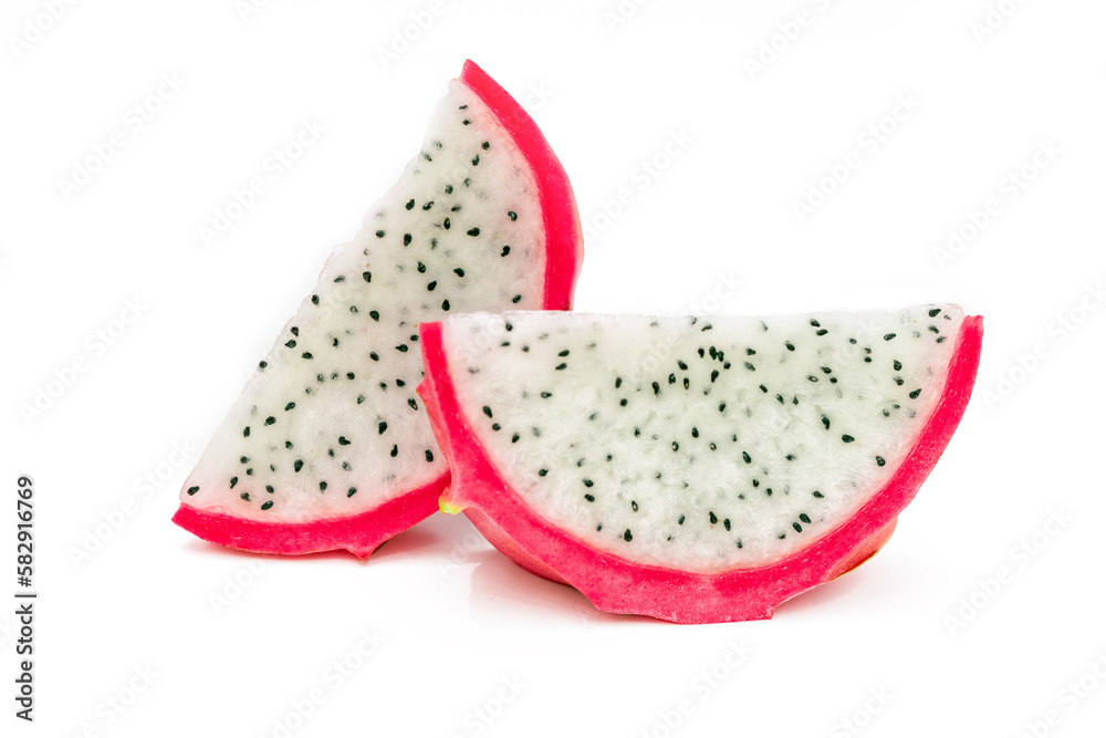 Dragon fruit or pitahaya pieces isolated on white background as package design element