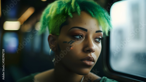 african american woman of cyberpunk aesthetic looking at the landscape while traveling by subway © Demencial Studies