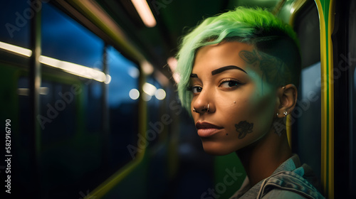 african american woman of cyberpunk aesthetic looking at the landscape while traveling by subway