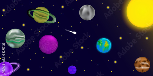 Sky planet space in cartoon style. Colorful sky planet space in modern style. Space background. Vector illustration.