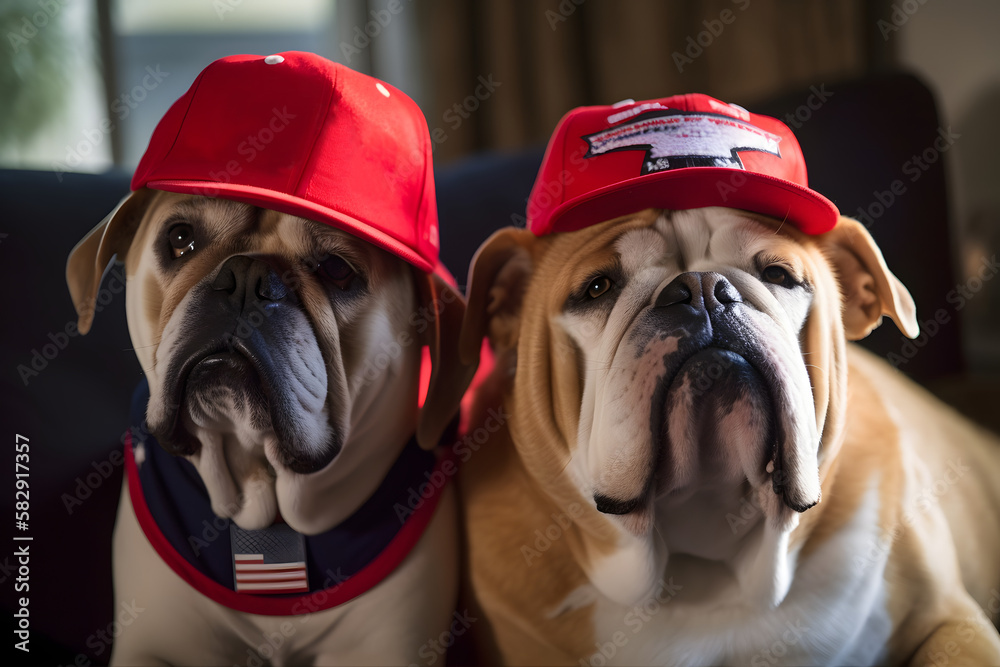 Two Bulldogs wearing red caps Generative AI
