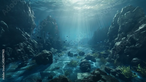 Dramatic underwater sea surface landscape background with sunshine.  Generative AI technology.	 photo