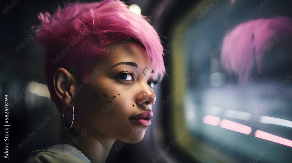girl with attitude, cyberpunk style, traveling in the subway at night girl with attitude, cyberpunk style, traveling in the subway at night