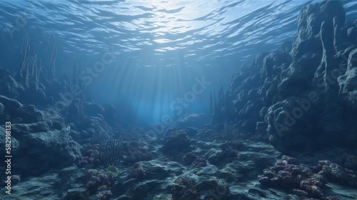 Beautiful sea ocean underwater landscape background with sunshine. Generative AI technology. 