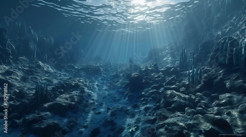 Underwater dark blue ocean landscape background. Generative AI technology.	