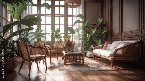 Living room on classic tropical style interior background. Generative AI technology.