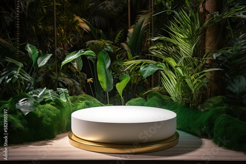 3D Ceramic Round Podium For Product With Nature Background Generated AI