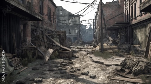 Industrial town ruin after war. Generative AI technology. 
