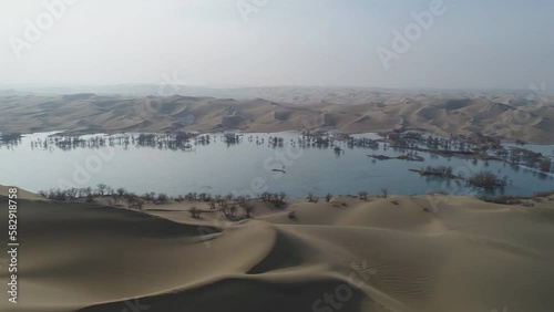 Aerial view of water formations after spring rains in the Sahara Desert, Algeria.