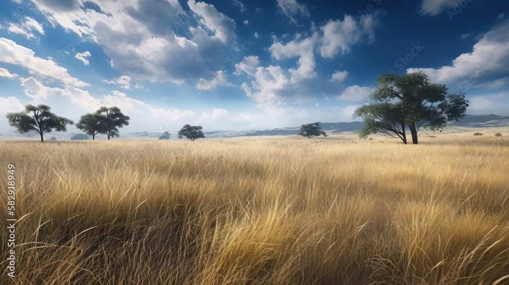 Savana grassland landscape background. Generative AI technology.	