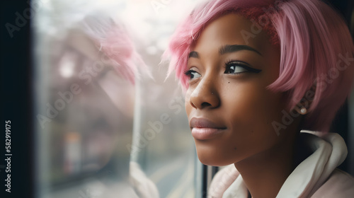 african american woman looking at the cherry blossoms on the window while traveling by subway