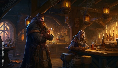 Generative AI, fantasy Tavern, medieval Tavern, medieval building,dwarf,zwerg, fantasy Taverne, mittelalterliche Taverne, mittelalterliche Gebäude.