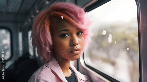 african american woman looking at the cherry blossoms on the window while traveling by subway