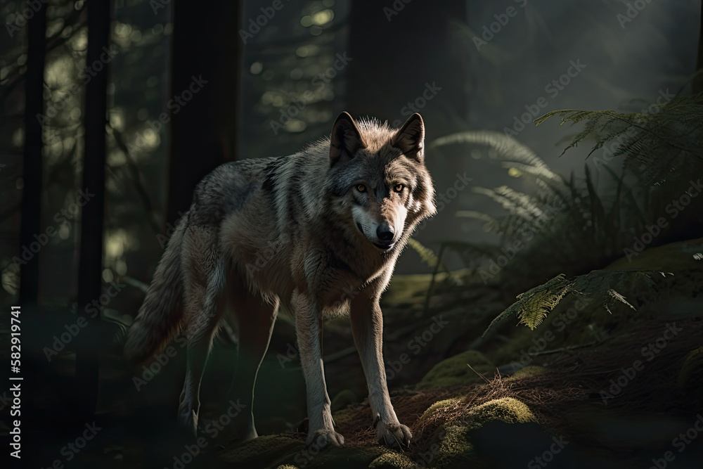 A wolf  on forest mountain looking at camera, Ai Generative
