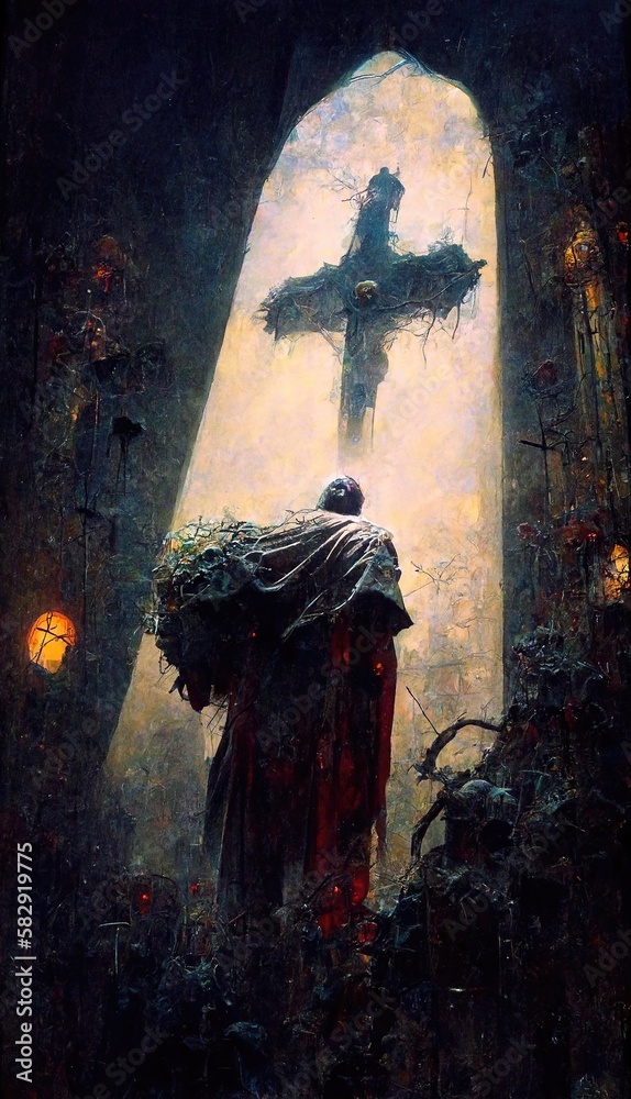 Concept art on the theme of Heaven, Cathedral, Hell and Skull