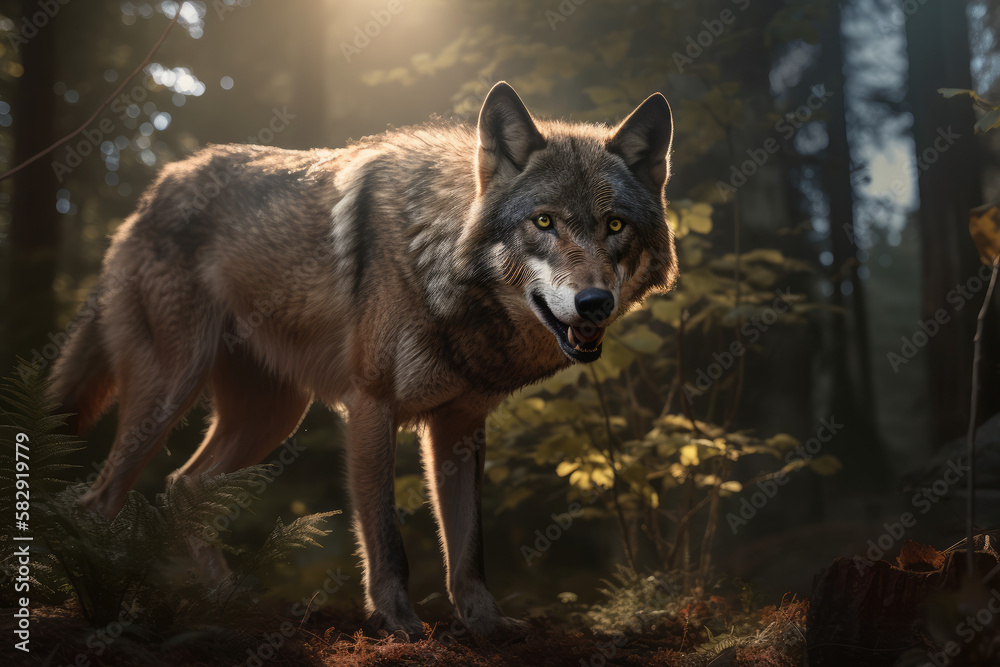 A wolf on forest mountain looking at camera, Ai Generative A wolf on forest mountain looking at camera, Ai Generative