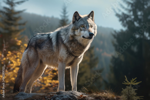 A wolf  on forest mountain looking at camera, Ai Generative © DarkKnight