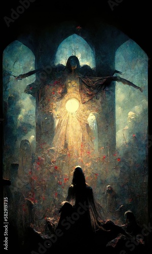 Concept art on the theme of Heaven  Cathedral  Hell and Skull
