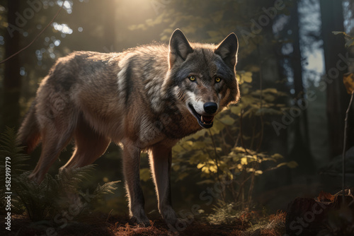 A wolf  on forest mountain looking at camera  Ai Generative