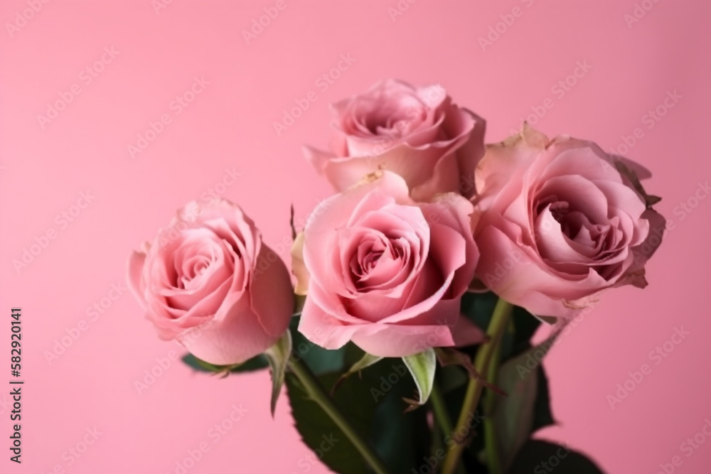 bouquet of pink roses. mother's day. pink background. generative ai. 