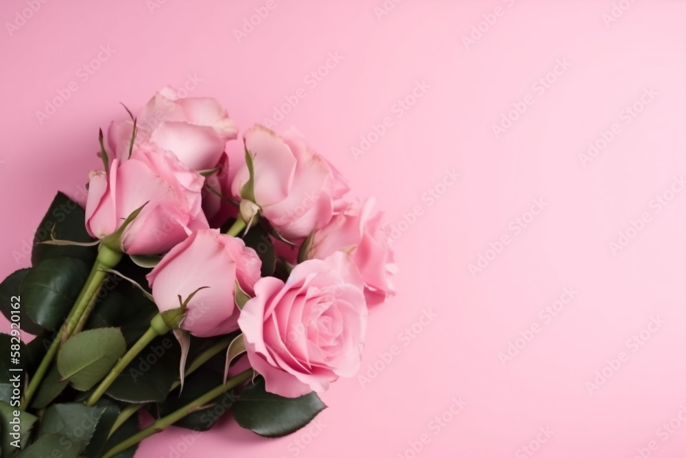 bouquet of pink roses. mother's day. pink background. generative ai. 