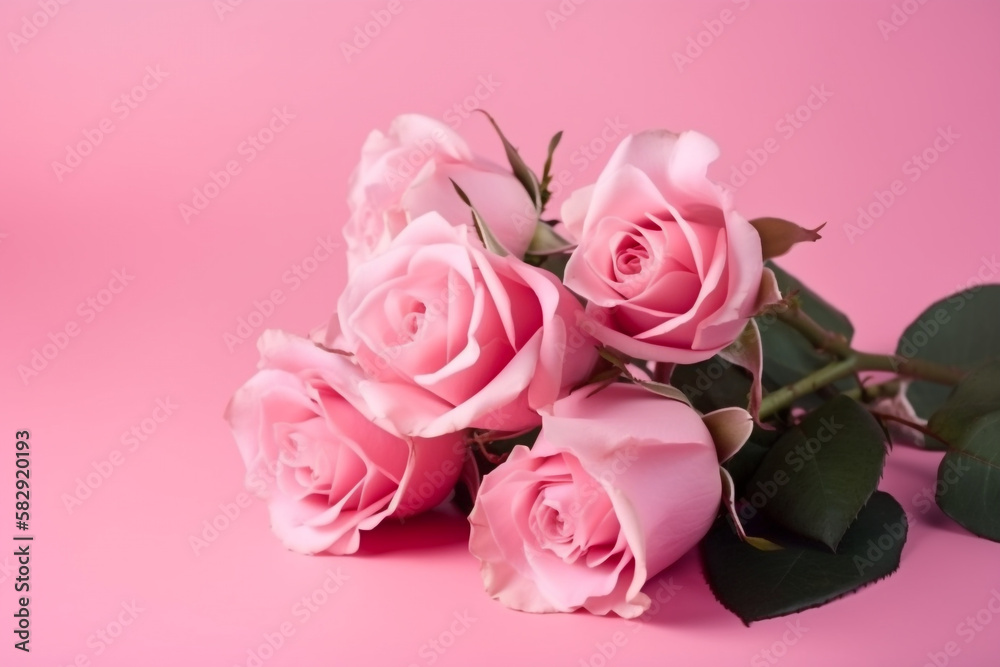 bouquet of pink roses. mother's day. pink background. generative ai. 