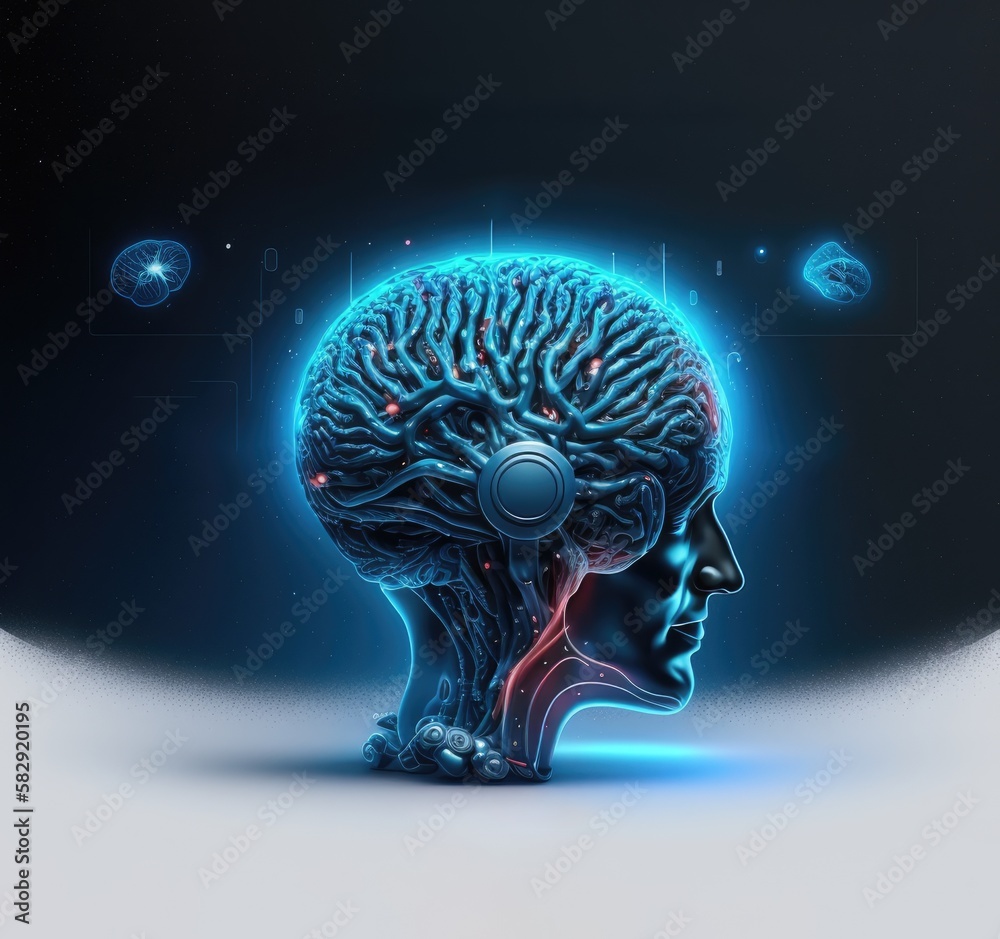 Obraz premium A blue head with a brain on it and a planet in the background. Generative AI