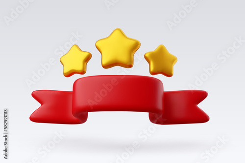 3d Vector Three star golden prize badge with red ribbon, Premium Quality guarantee label, Victory game champion.